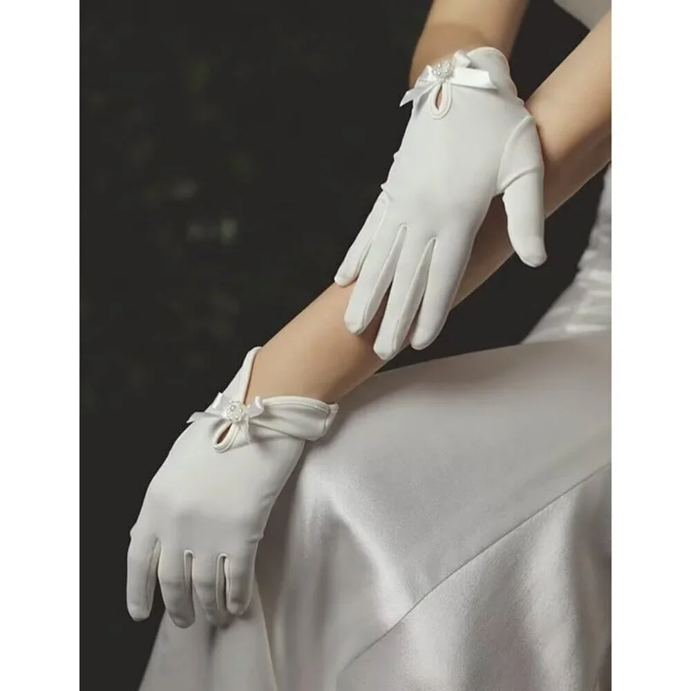 Women's Elegant Short Flower Satin Bow Pearl Gloves Opera Dinner Party Design